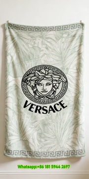 Versace Light Green Tropical Leaf Medusa Logo Flannel Throw Blanket IMG_1460